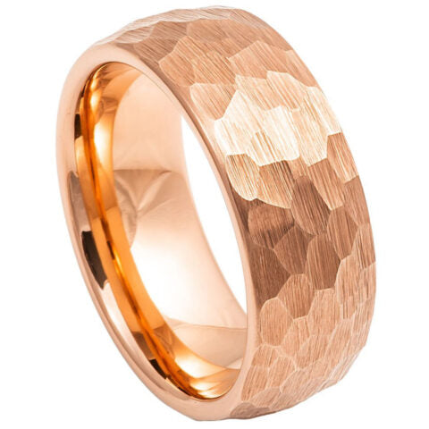 Tungsten Ring Rose Gold IP Plated Hammered Brushed Domed – 8mm