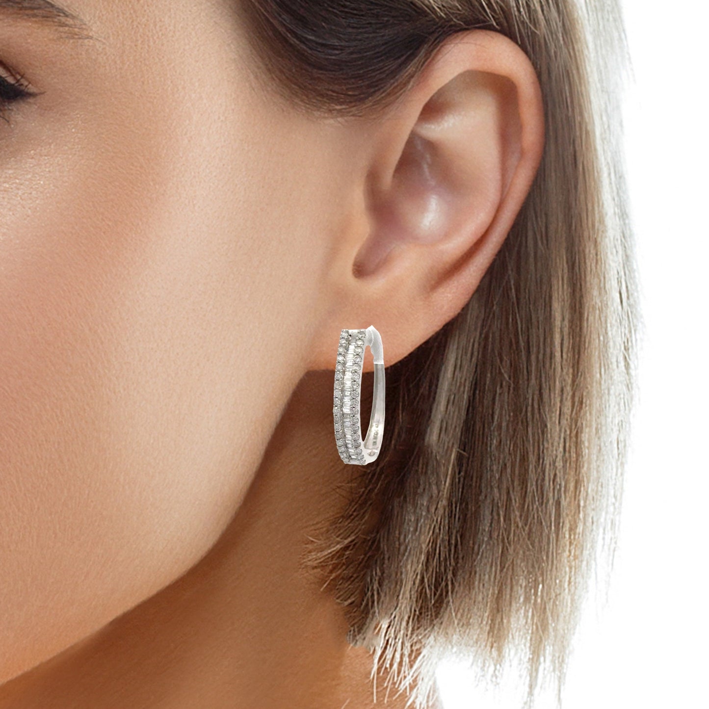 Round and Baguette Diamond Hoop Earrings for Women