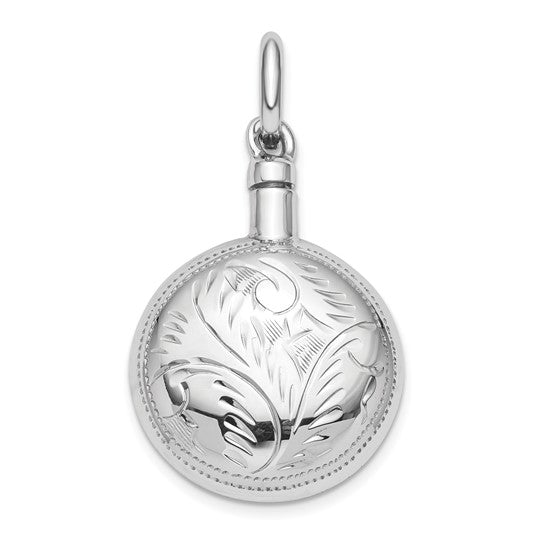 Sterling silver round ash holder urn pendant designed to hold a small portion of ashes. A timeless memorial necklace for remembrance and comfort.