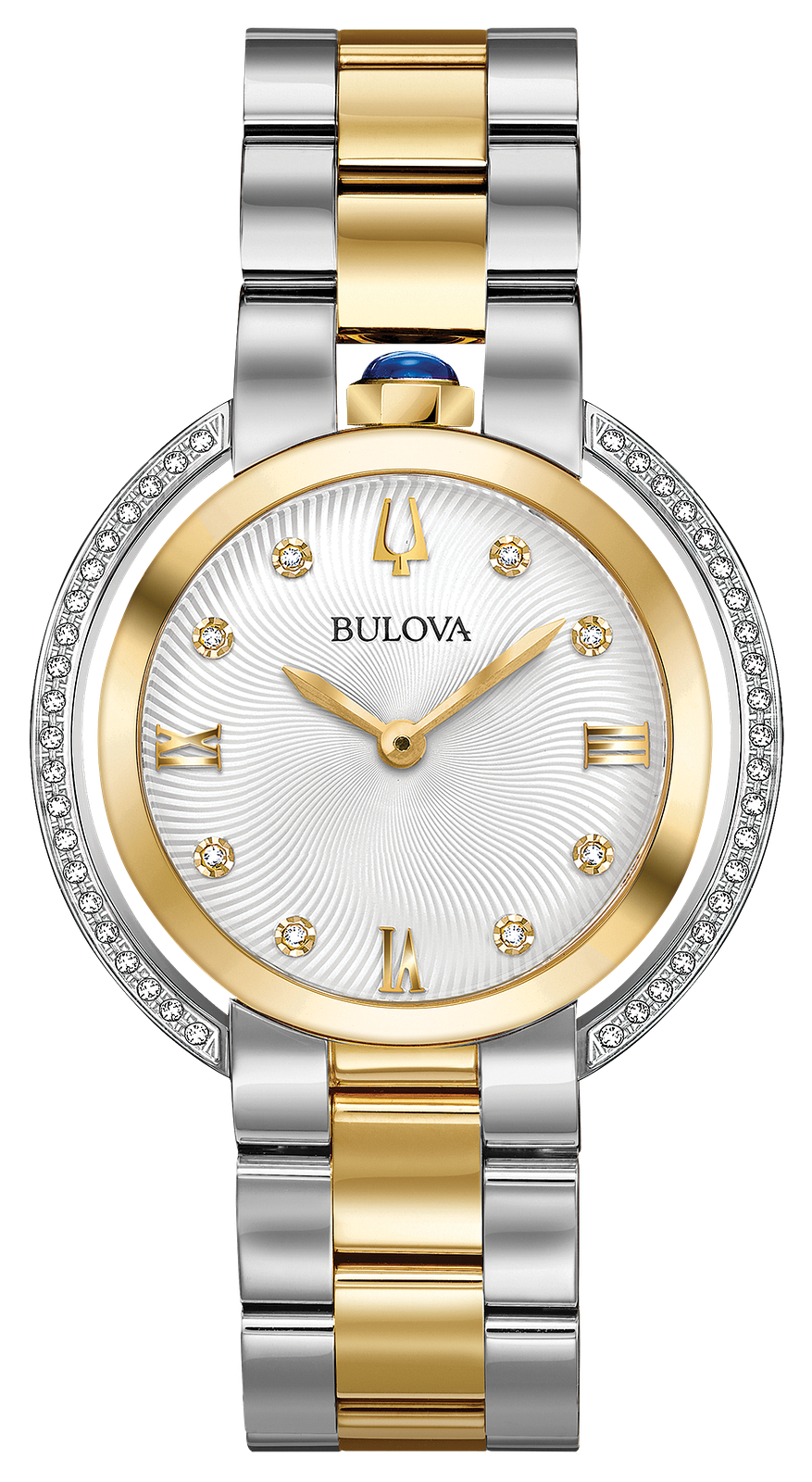 A Bulova two-tone stainless steel and yellow gold watch with a white dial, crystal-encrusted bezel, and a blue cabochon on the crown.