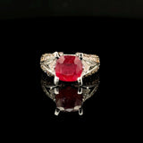 14K white gold ring with cushion-cut natural ruby, chocolate diamond pave accents and split-shank design