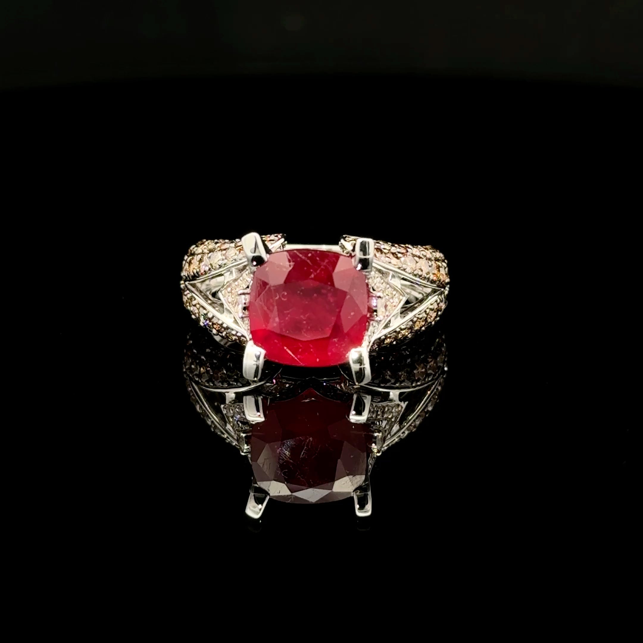 14K white gold ring with cushion-cut natural ruby, chocolate diamond pave accents and split-shank design
