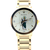 Bulova Saint Jude men's diamond watch 97D115SJ with stainless steel band and diamond accents, displayed on a white background.