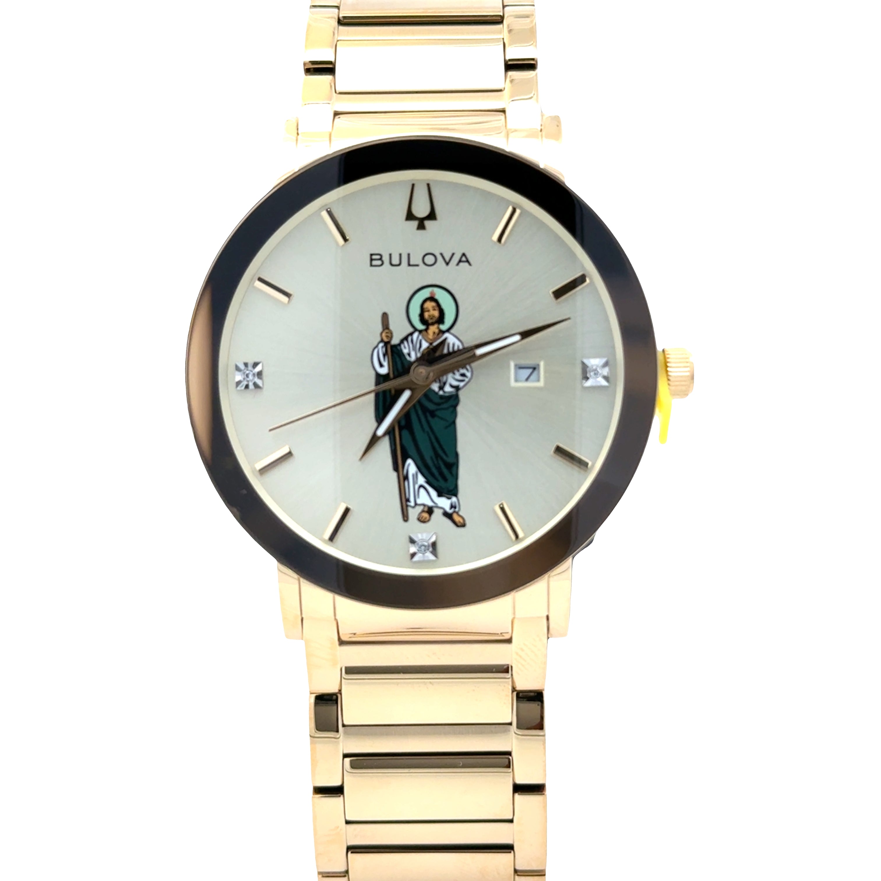 Bulova Saint Jude men's diamond watch 97D115SJ with stainless steel band and diamond accents, displayed on a white background.