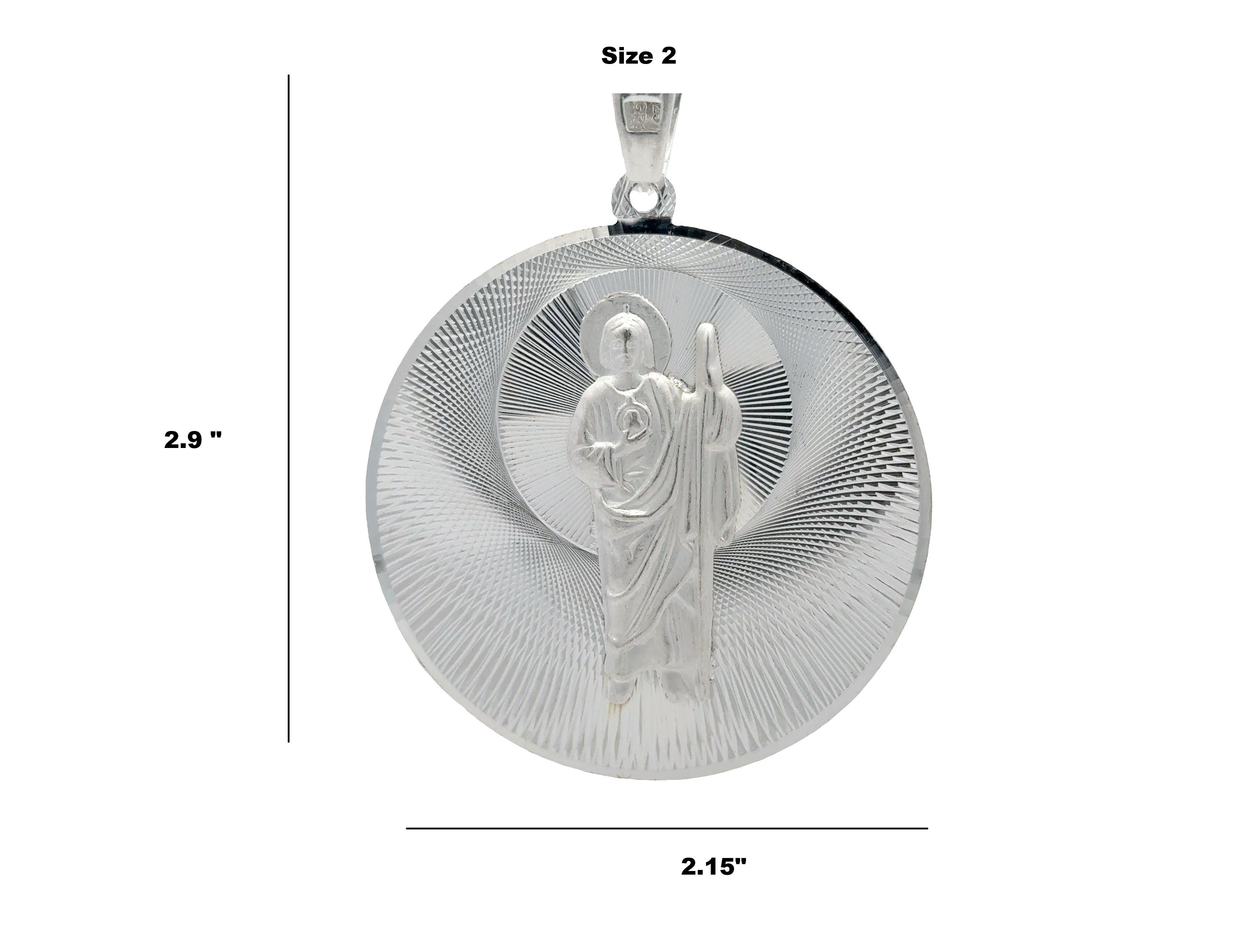 Round 925 sterling silver Saint Jude medallion pendant with a raised religious figure, staff, and diamond-cut sunburst design