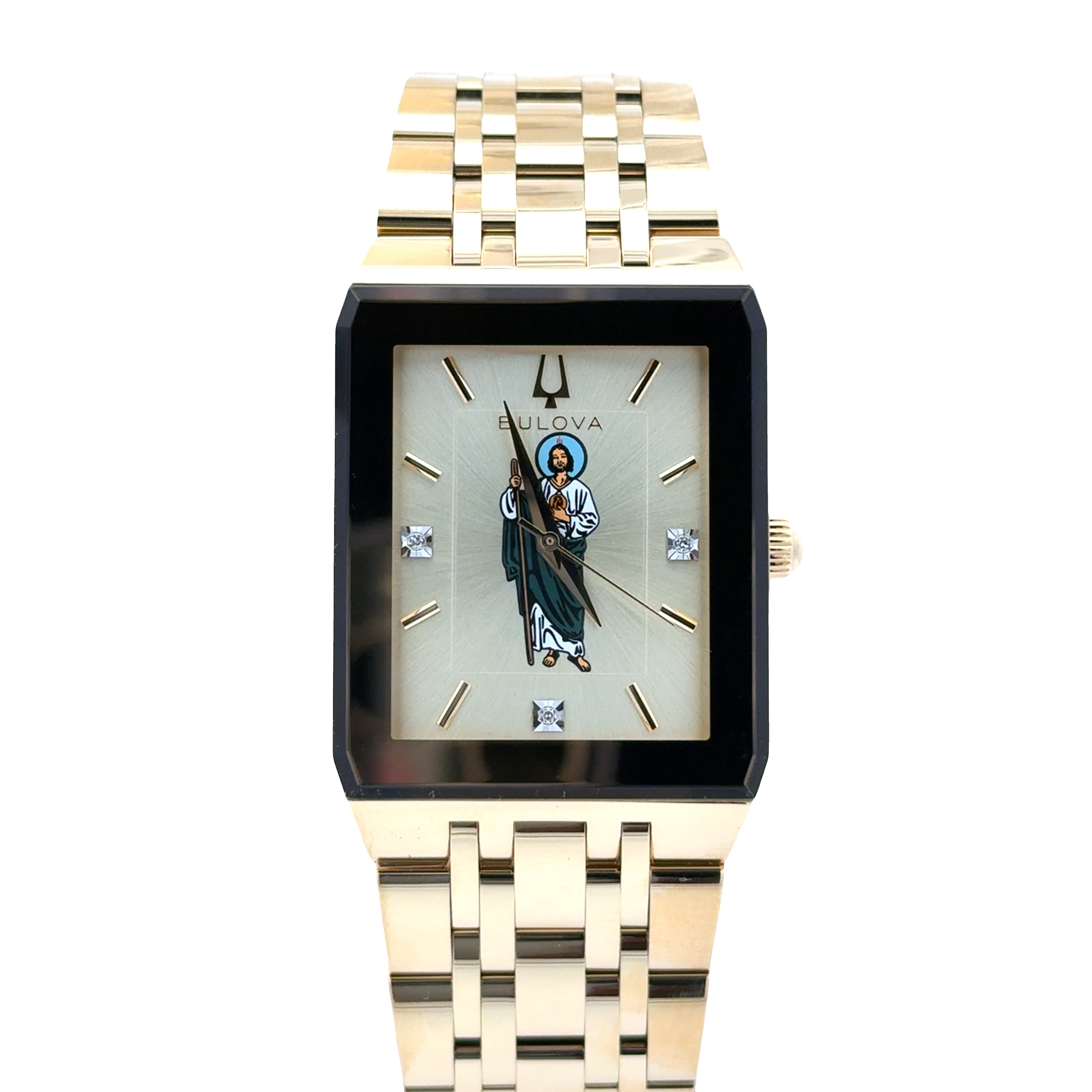 Bulova Saint Jude men's watch with custom dial and diamond accents, featuring a sleek design and elegant craftsmanship.
