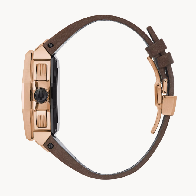 The special edition timepiece features a distinctive rose gold-tone stainless steel case with a gray Damascus steel top ring insert.