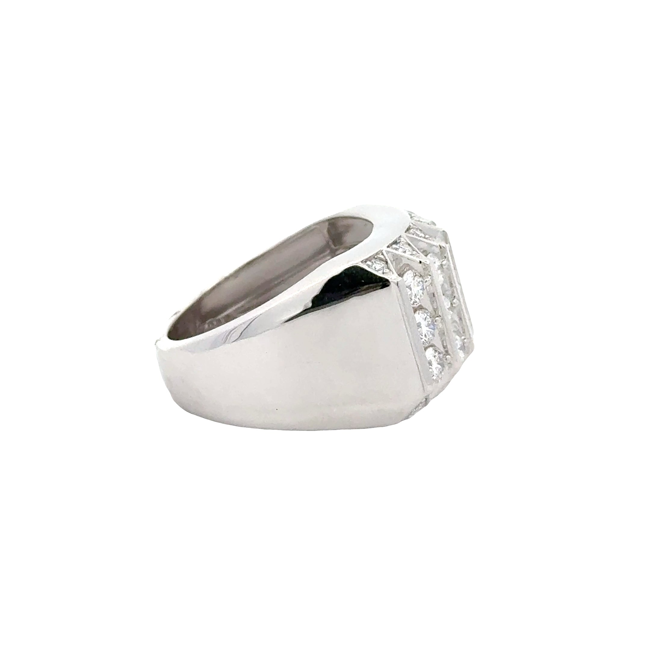 Side view of Solomon Jewelers 2 CT T.W multi-row men's diamond ring in sterling silver, showcasing sparkling diamond details.