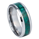 A silver-toned metal ring with a vibrant green textured inlay running down the center, shown on a plain white background.