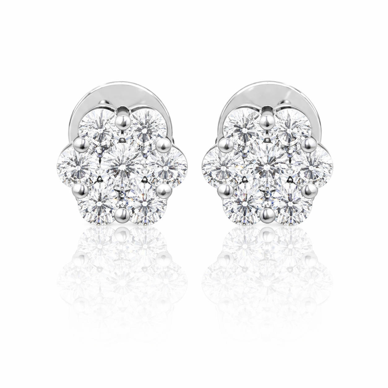 Silver lab diamond flower cluster stud earrings with round brilliant diamonds