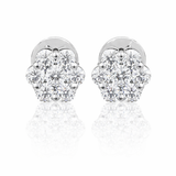 Silver lab diamond flower cluster stud earrings with round brilliant diamonds