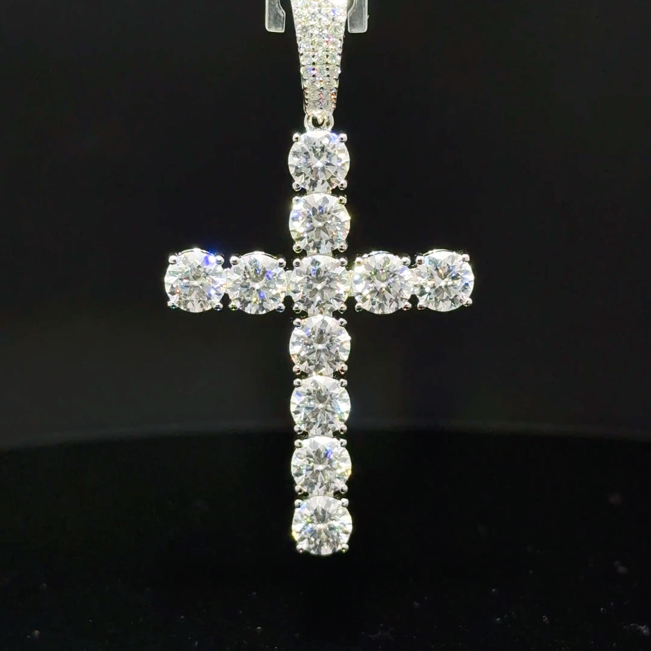 Sterling silver moissanite cross pendant with round brilliant stone, religious necklace, Solomon Jewelers jewelry.