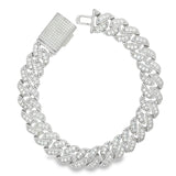 Silver moissanite iced Cuban link bracelet with fully pave set stones and box clasp by Solomon Jeweler