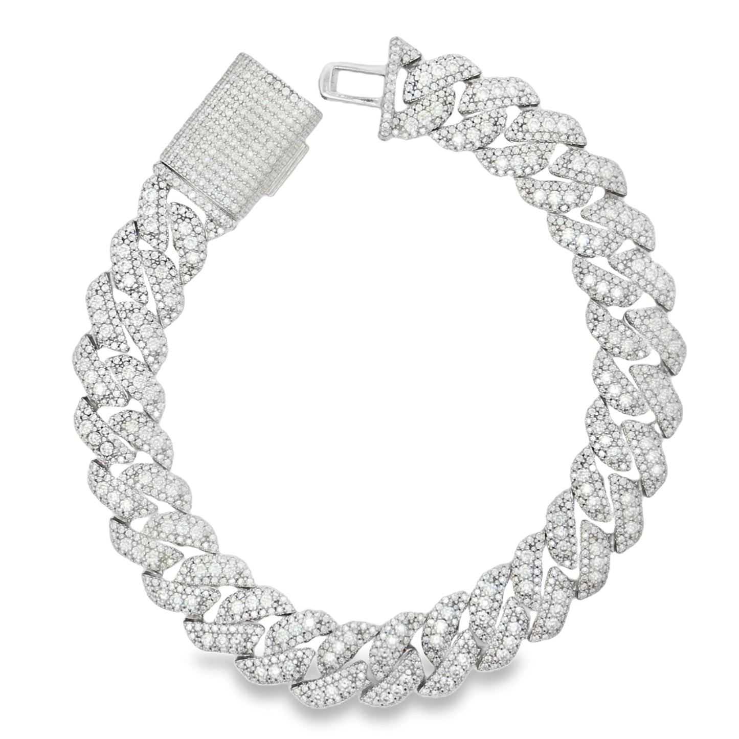 Silver moissanite iced Cuban link bracelet with fully pave set stones and box clasp by Solomon Jeweler