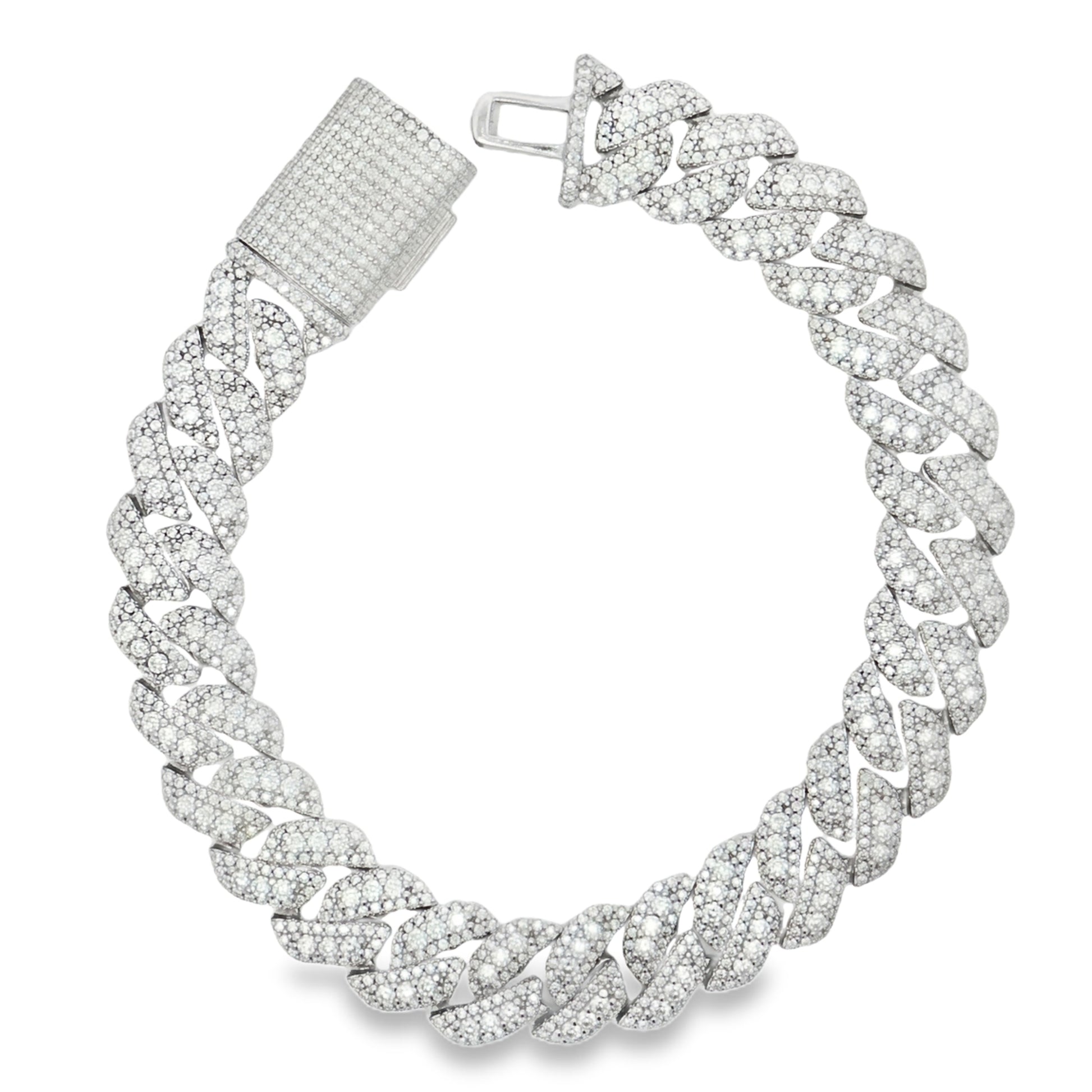 Silver moissanite iced Cuban link bracelet with fully pave set stones and box clasp by Solomon Jeweler