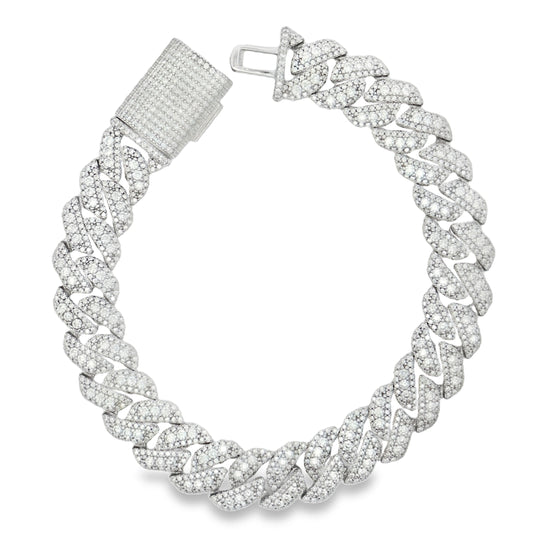 Silver moissanite iced Cuban link bracelet with fully pave set stones and box clasp by Solomon Jeweler