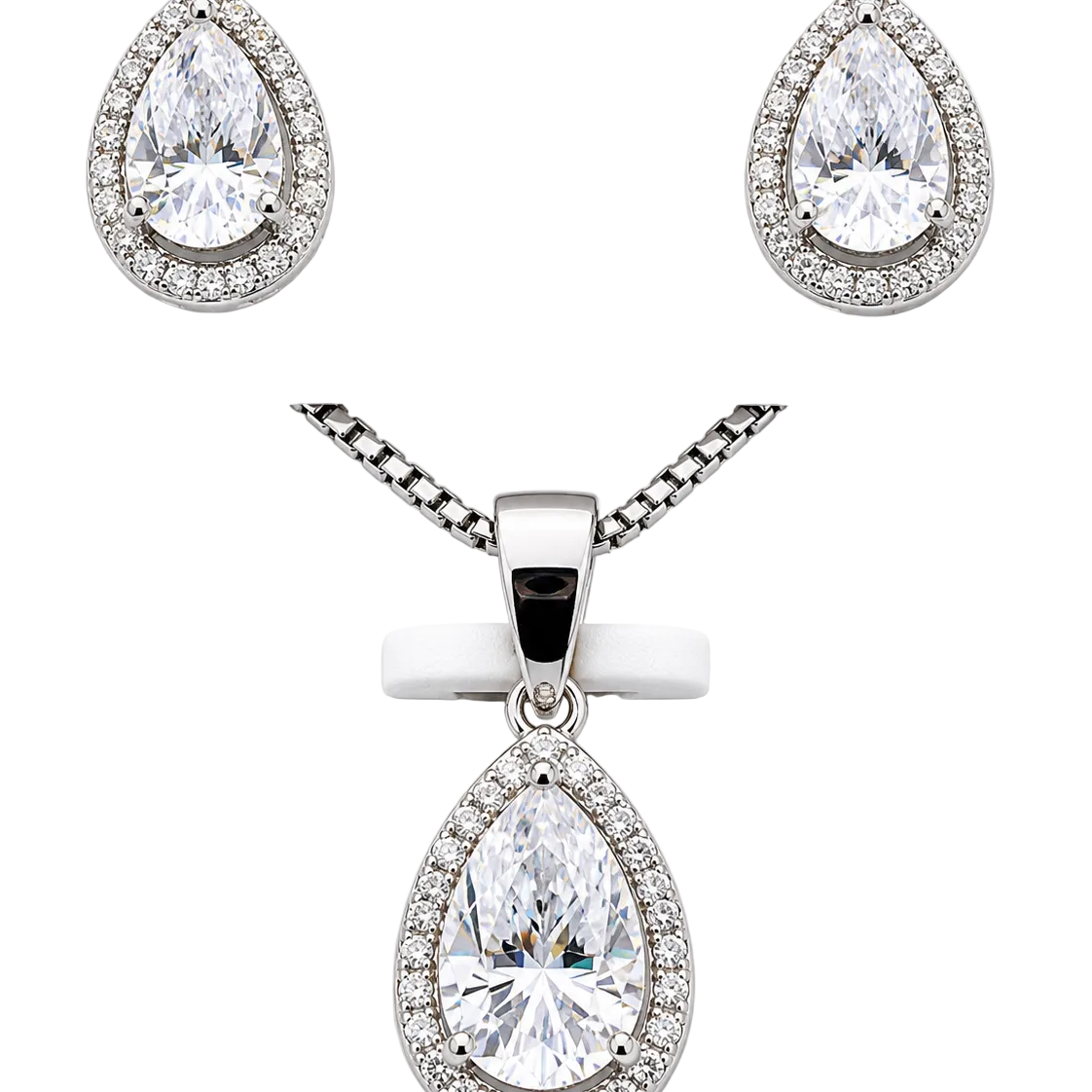 Silver and moissanite pear-shaped earrings and pendant necklace set from Solomon Jewelers, elegant matching jewelry ensemble.