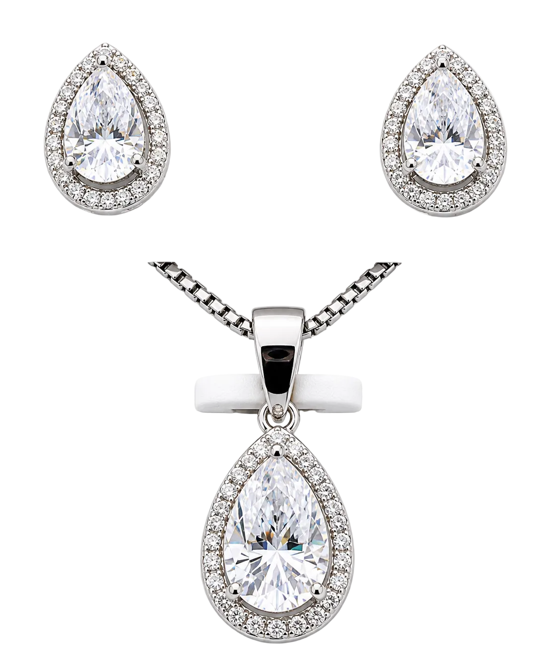 Silver and moissanite pear-shaped earrings and pendant necklace set from Solomon Jewelers, elegant matching jewelry ensemble.