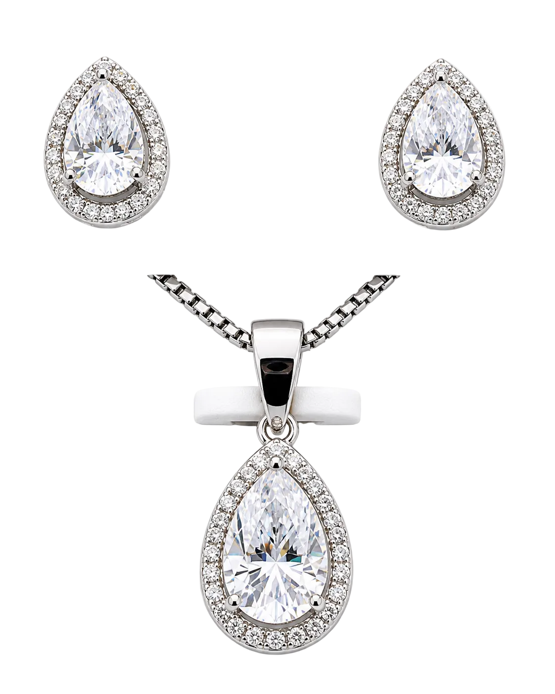 Silver and moissanite pear-shaped earrings and pendant necklace set from Solomon Jewelers, elegant matching jewelry ensemble.