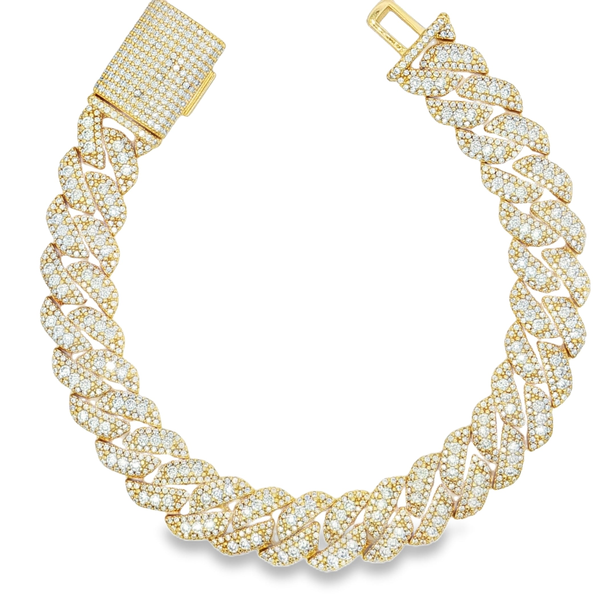 Silver moissanite iced out Cuban link bracelet with fully pave set stones and box clasp by Solomon Jeweler