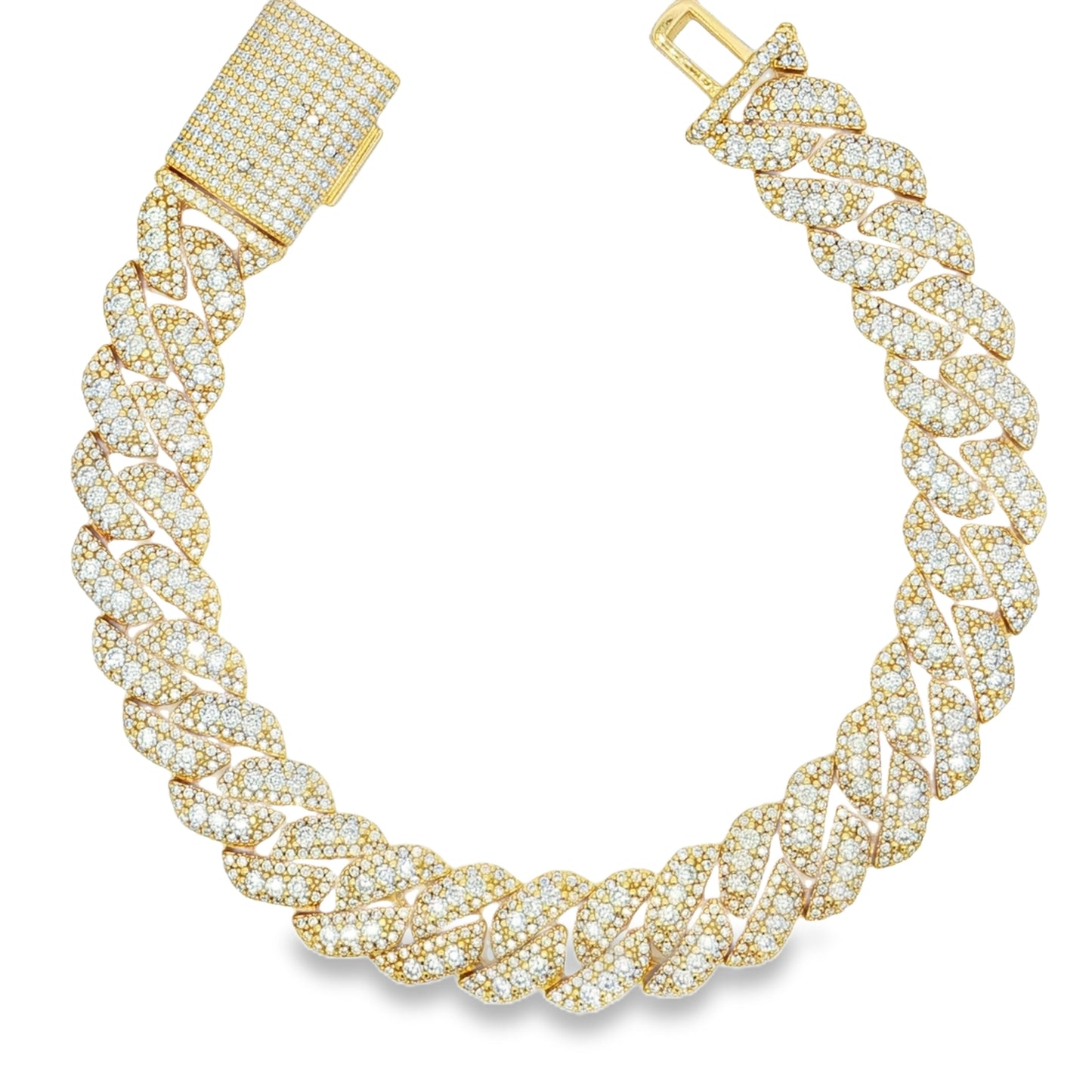 Silver moissanite iced out Cuban link bracelet with fully pave set stones and box clasp by Solomon Jeweler