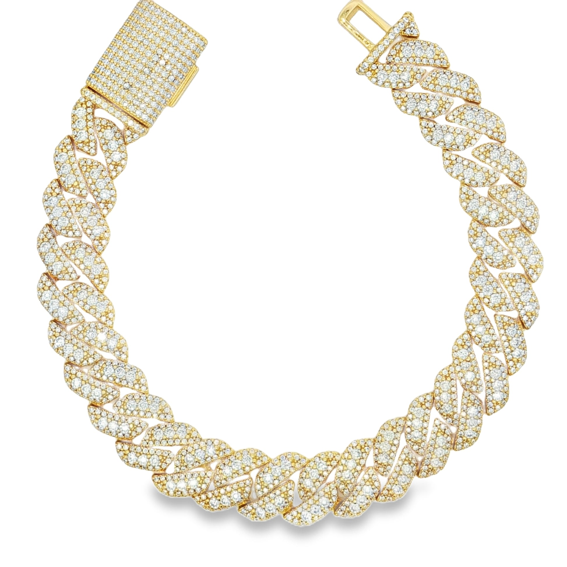 Silver moissanite iced out Cuban link bracelet with fully pave set stones and box clasp by Solomon Jeweler