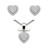 Silver moissanite heart earrings and pendant necklace set by Solomon Jewelers, featuring elegant matching jewelry with sparkling stones.