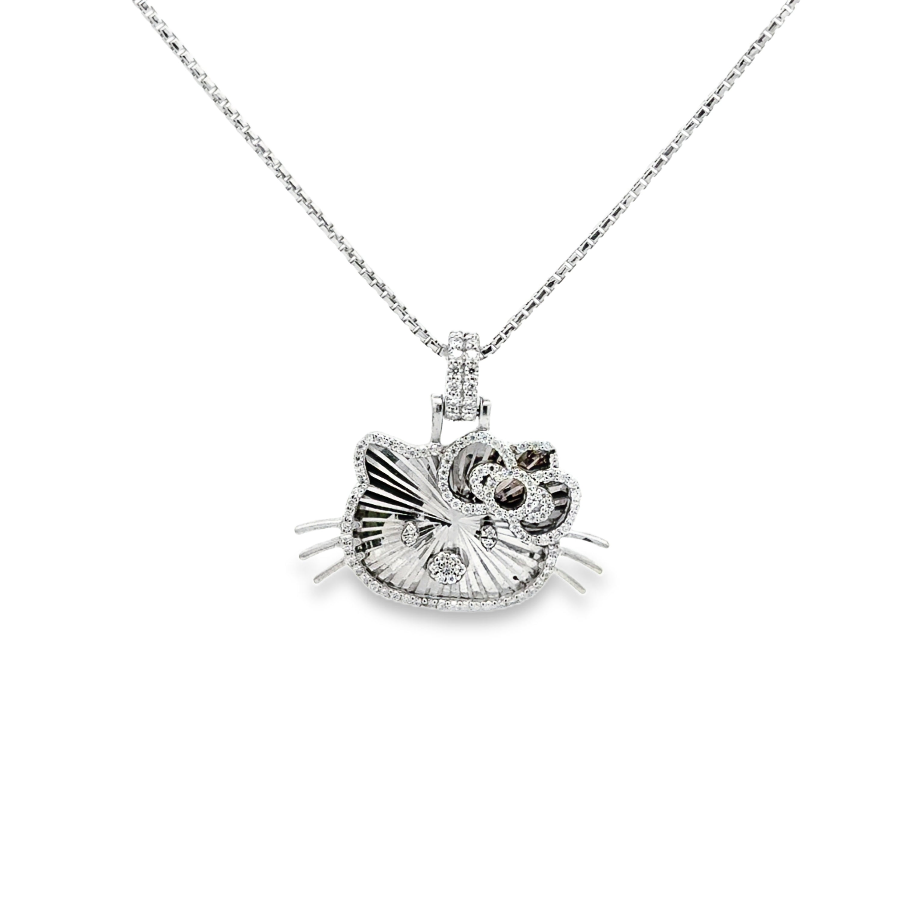 Silver moissanite Hello Kitty–style necklace front view