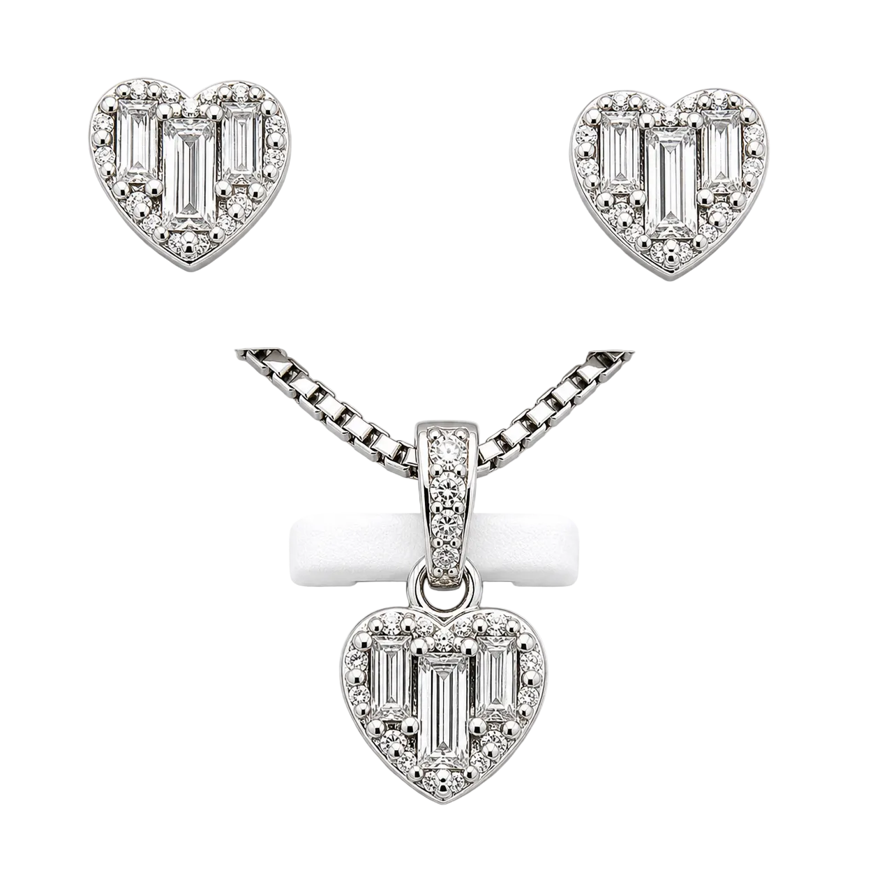 Silver and moissanite heart earrings and pendant set from Solomon Jewelers, featuring elegant matching jewelry with sparkling stones.