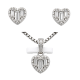 Silver and moissanite heart earrings and pendant set from Solomon Jewelers, featuring elegant matching jewelry with sparkling stones.