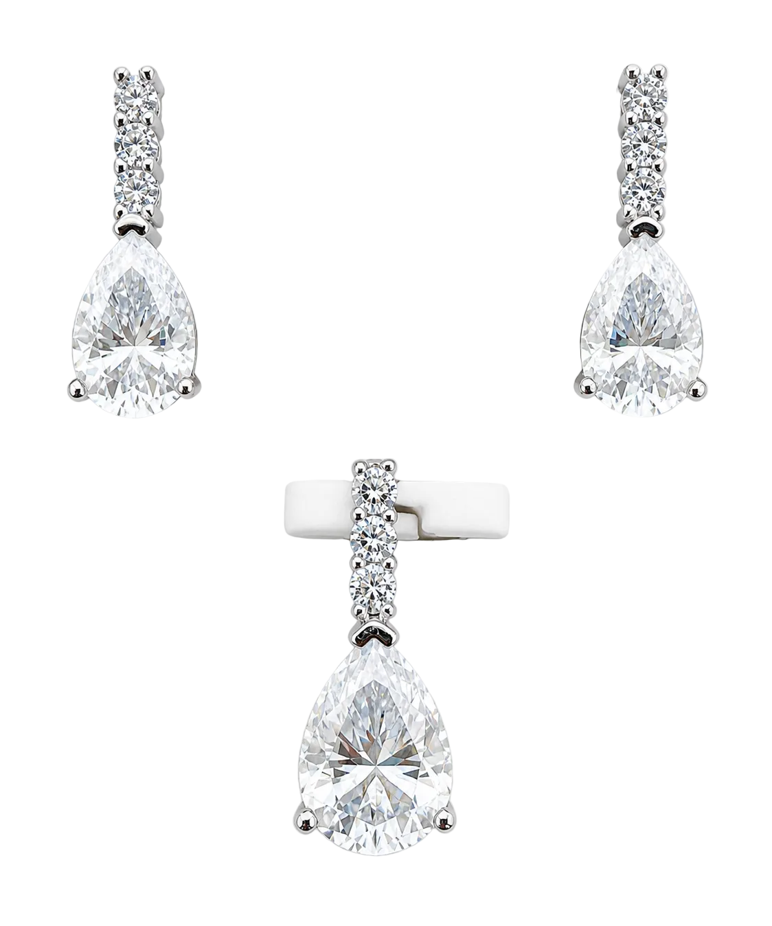 Silver and moissanite pear drop earrings and pendant necklace set by Solomon Jewelers, featuring elegant matching jewelry.