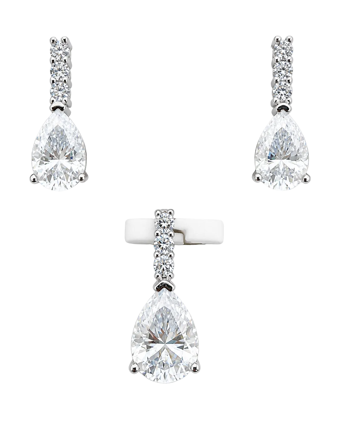 Silver and moissanite pear drop earrings and pendant necklace set by Solomon Jewelers, featuring elegant matching jewelry.