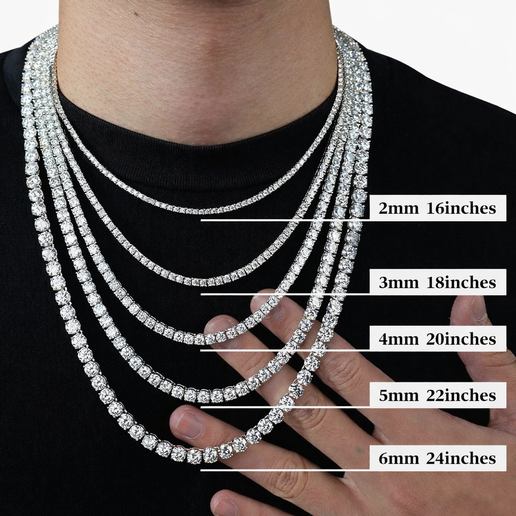 Silver moissanite tennis chain with round brilliant stones in different sizes.
