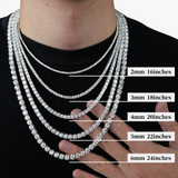 Silver moissanite tennis chain with round brilliant stones in different sizes.