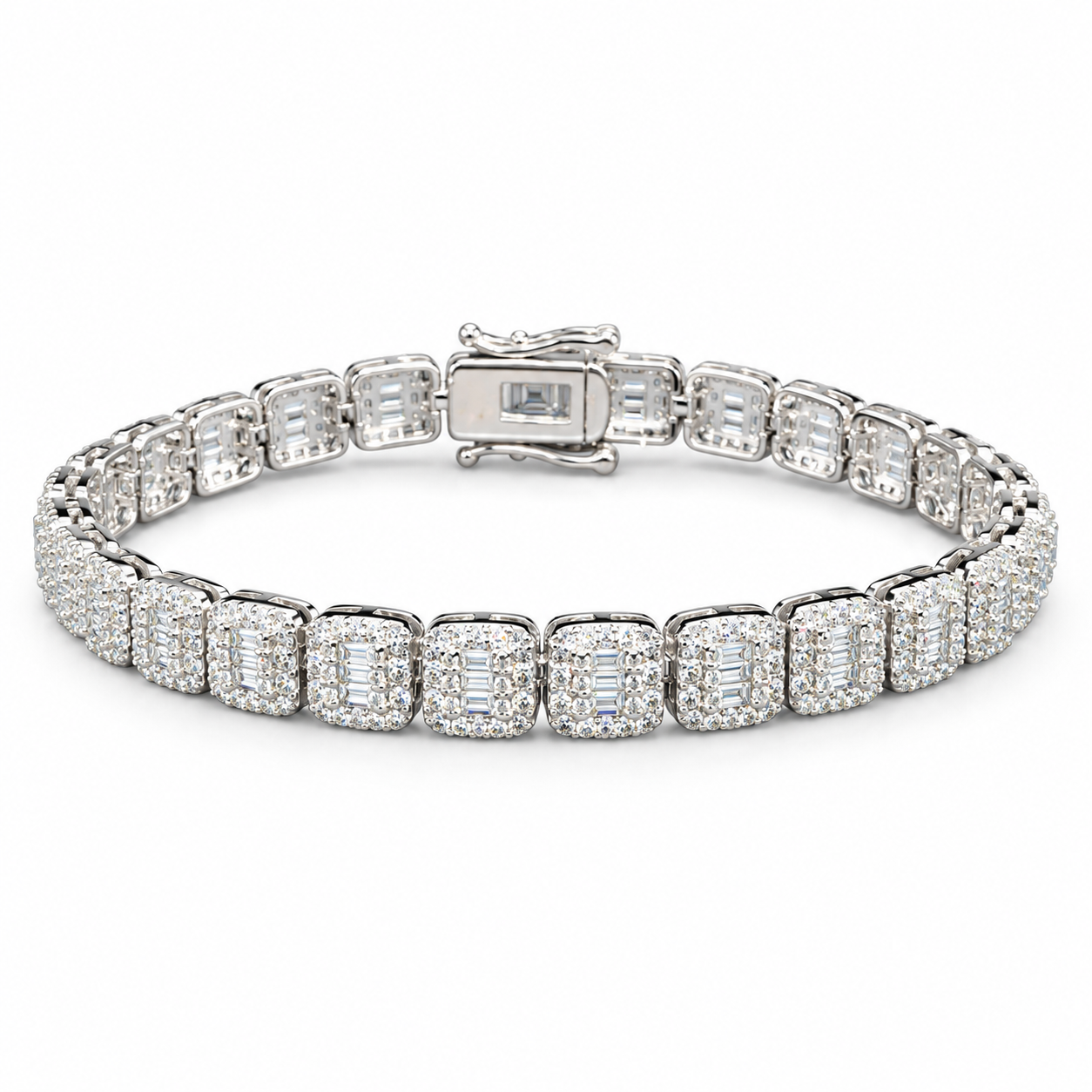 Silver moissanite bracelet with rounded square links, baguette-style centers, round accent stones and a box clasp at Solomon & Co.