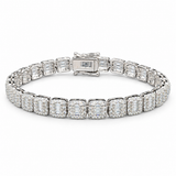 Silver moissanite bracelet with rounded square links, baguette-style centers, round accent stones and a box clasp at Solomon & Co.