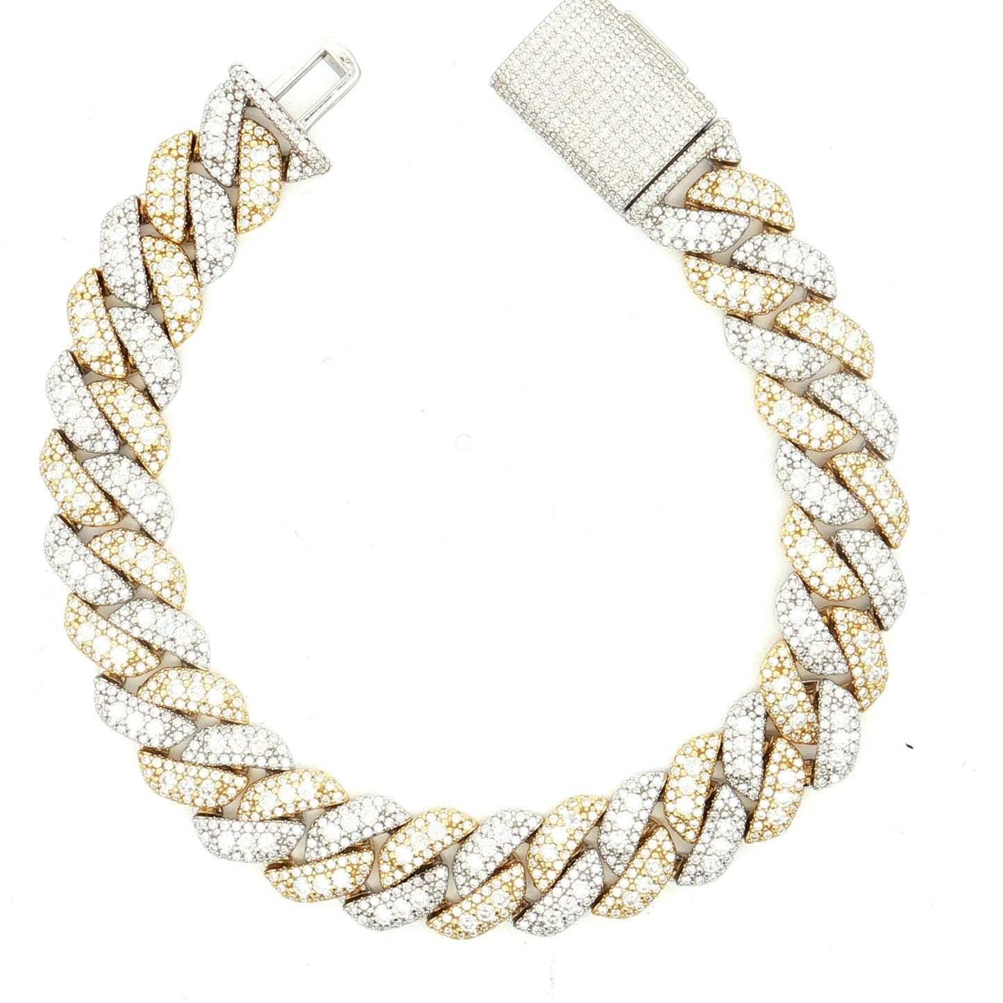 Silver moissanite iced Cuban link bracelet with fully pave set stones and box clasp by Solomon Jeweler