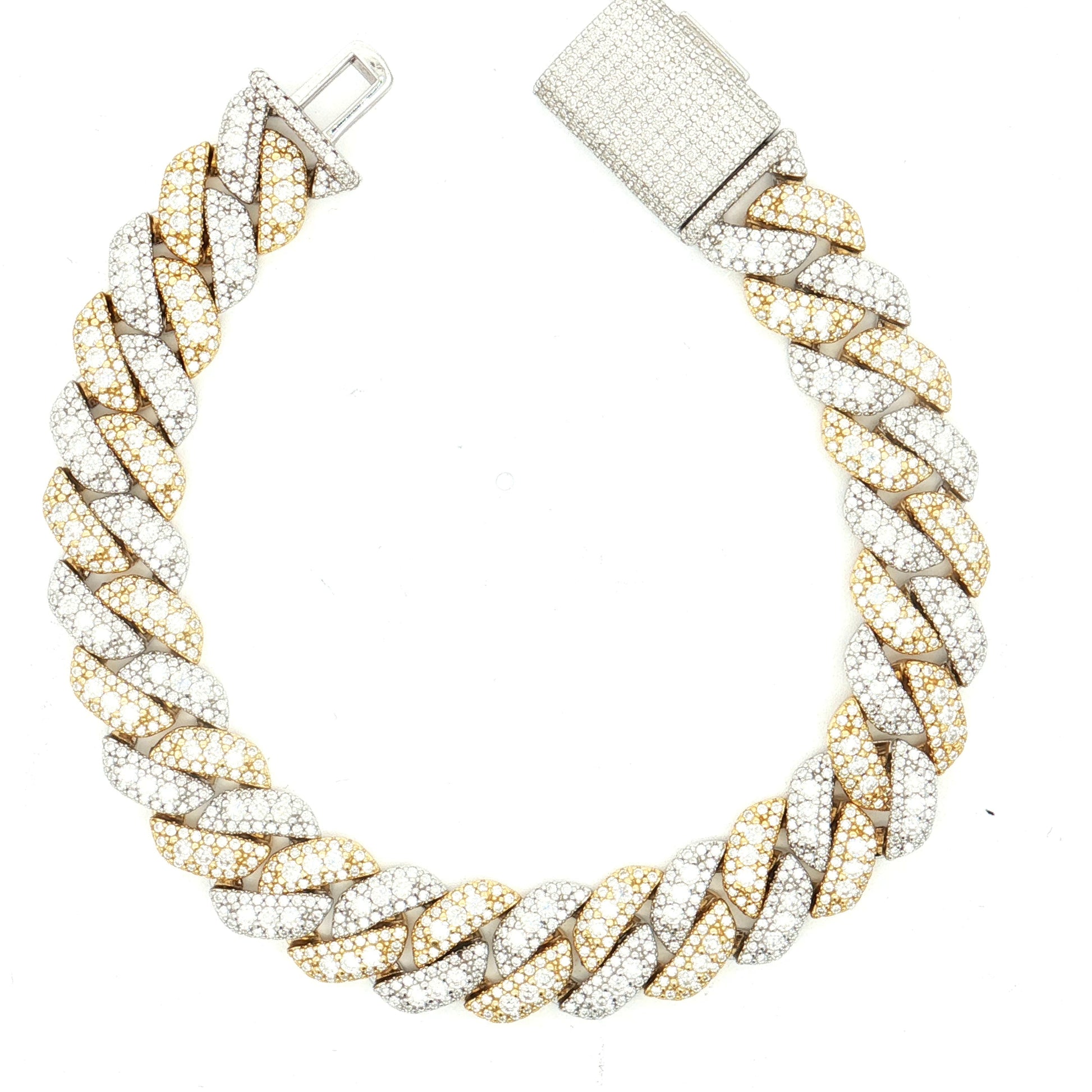 Silver moissanite iced Cuban link bracelet with fully pave set stones and box clasp by Solomon Jeweler