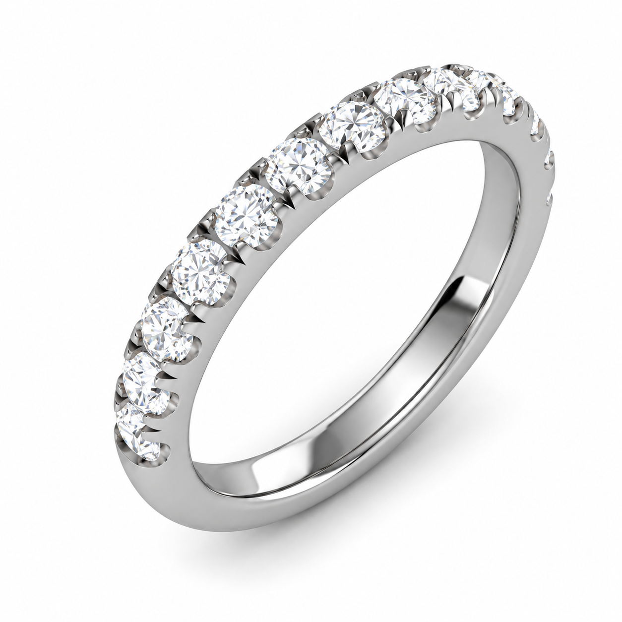 Slim polished silver wedding band with a row of round moissanite stones, shown at an angle on a white background.