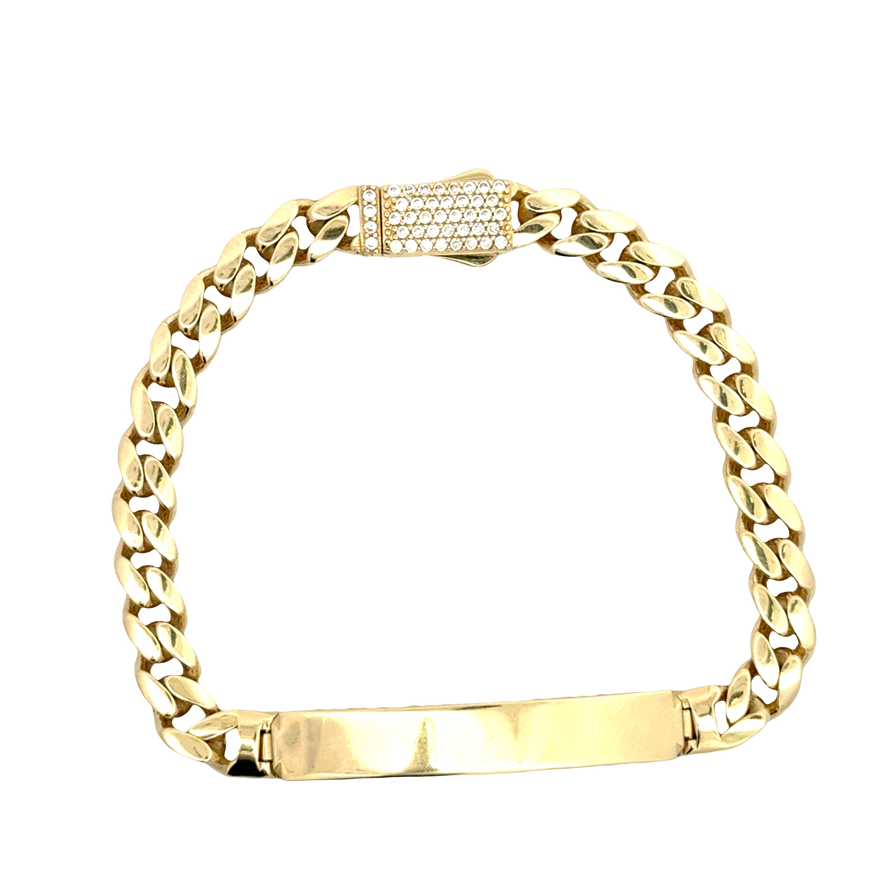 Solid 10K gold Cuban link ID bracelet with a bold, polished design, featuring a customizable ID plate for men.