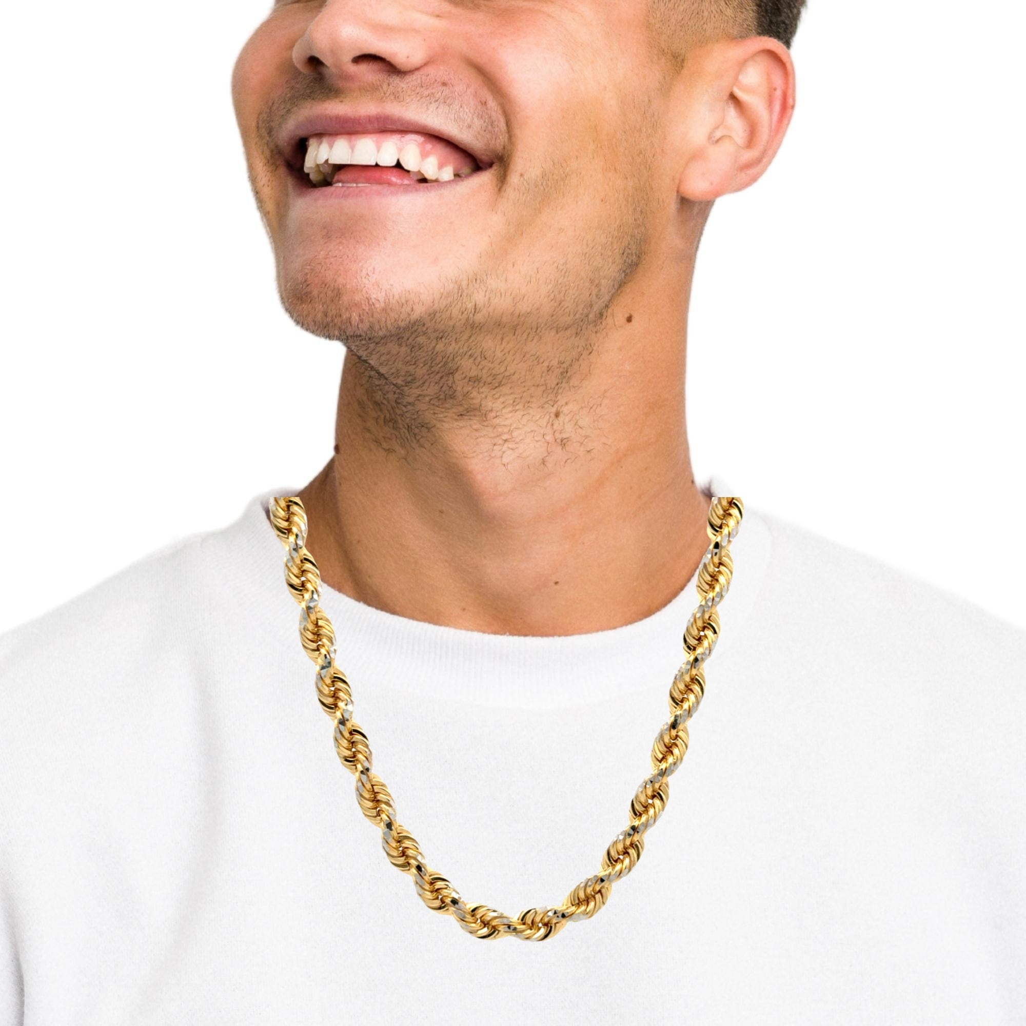 10K solid two-tone rope chain necklace in yellow and white gold, 5mm width