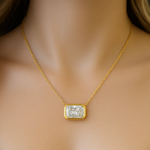 14K Gold Radiant cut Solitaire Bezel-Set Diamond Necklace
