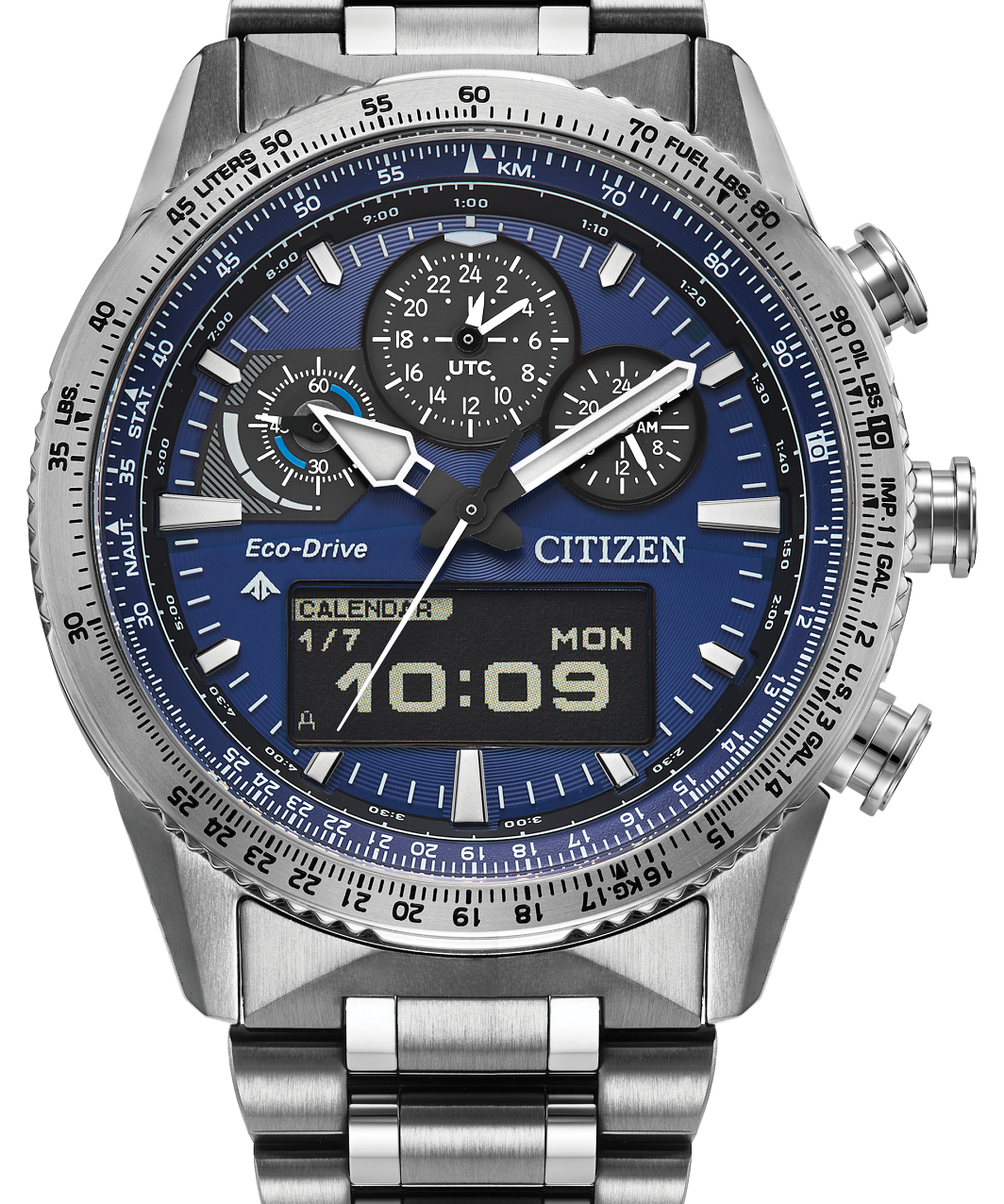 Citizen Eco-Drive wrist watch with a stainless steel case and link bracelet, featuring a blue dial with multiple subdials and a digital display window.