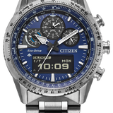 Citizen Eco-Drive wrist watch with a stainless steel case and link bracelet, featuring a blue dial with multiple subdials and a digital display window.
