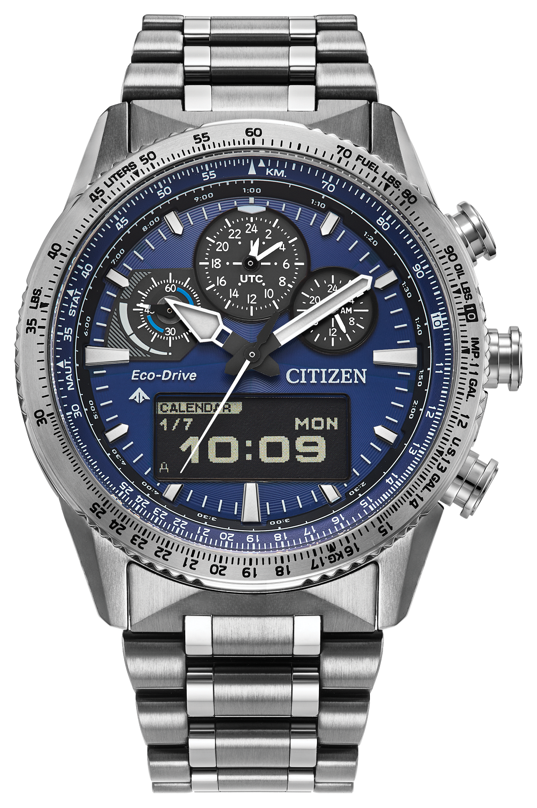 Citizen Eco-Drive wrist watch with a stainless steel case and link bracelet, featuring a blue dial with multiple subdials and a digital display window.