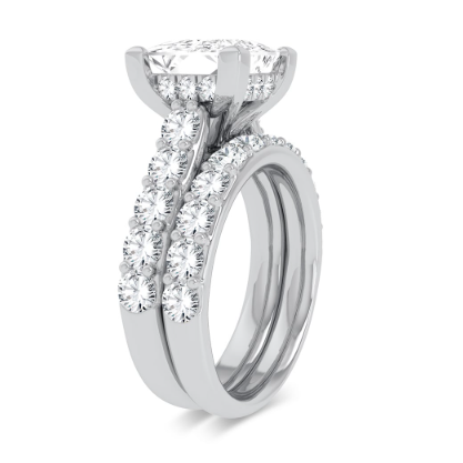 Princess-cut solitaire diamond engagement ring with matching diamond band in 14K gold