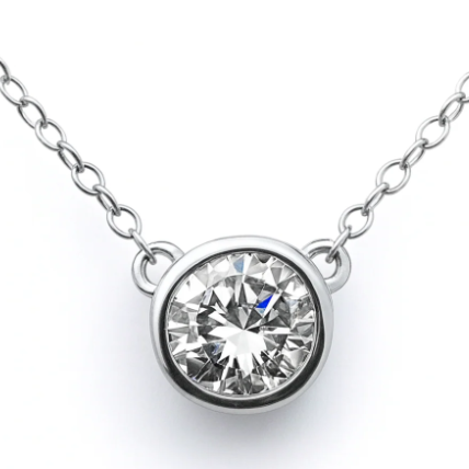 14KT white gold bezel-set diamond solitaire round diamond necklace