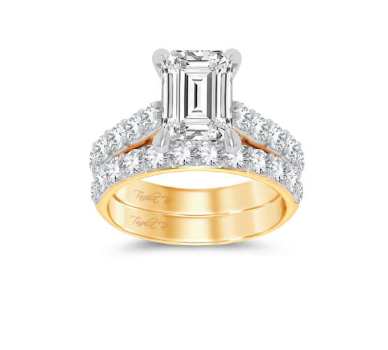 yellow gold emerald cut lab diamond solitaire bridal ring with side stone