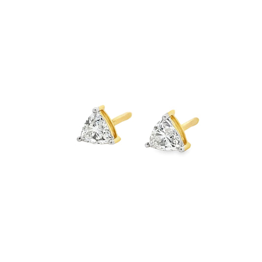 Side profile of trillion-cut lab diamond stud earrings in 14K gold