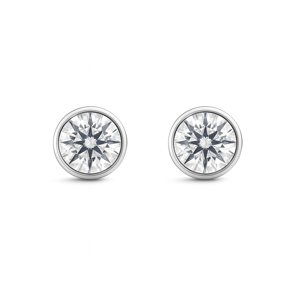 14K white gold bezel-set lab diamond stud earrings with screw backs – Solomon Jeweler.